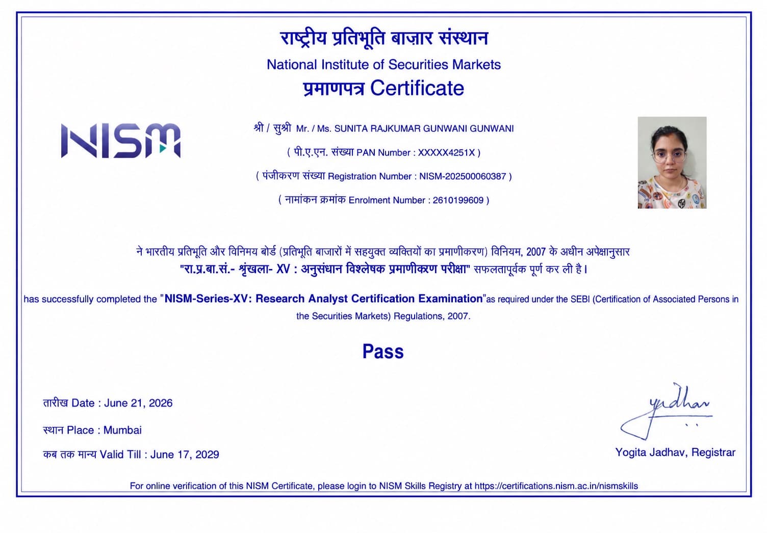 Sunita's NISM certificate